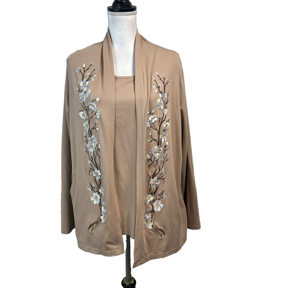 Bob Mackie 2pc Twinset size Large Brown Khaki Stretch Jersey Floral Embroidery - Picture 1 of 9